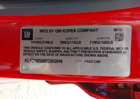 2015 Chevrolet Spark Ls Cvt z USA, uszkodzony, nr VIN KL8CB6S98FC802849